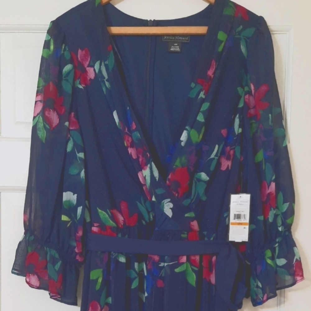 Jessica Howard Navy/ Purple V-Neck Ruffle Bishop Sleeve Maxi Dress - Picture 6 of 13